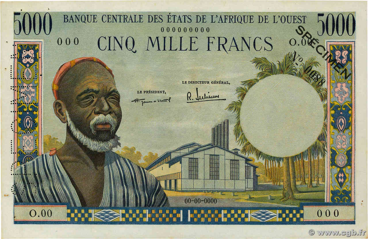 5000 Francs Spécimen WEST AFRIKANISCHE STAATEN  1964 P.005s VZ