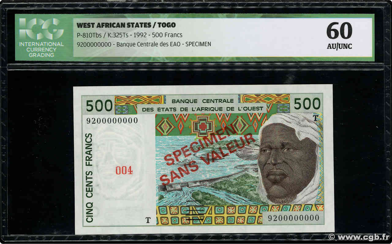 500 Francs Spécimen WEST AFRIKANISCHE STAATEN  1992 P.810Tbs fST+