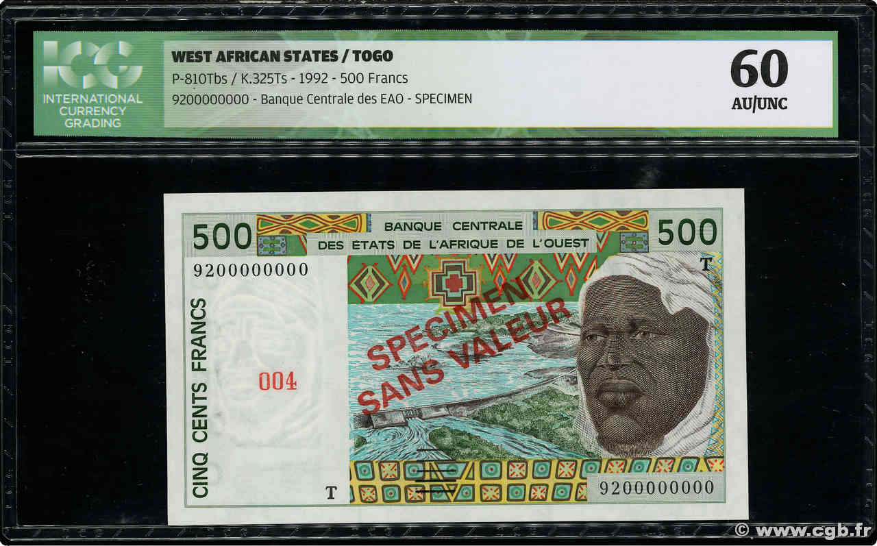 500 Francs Spécimen ESTADOS DEL OESTE AFRICANO  1992 P.810Tbs SC+