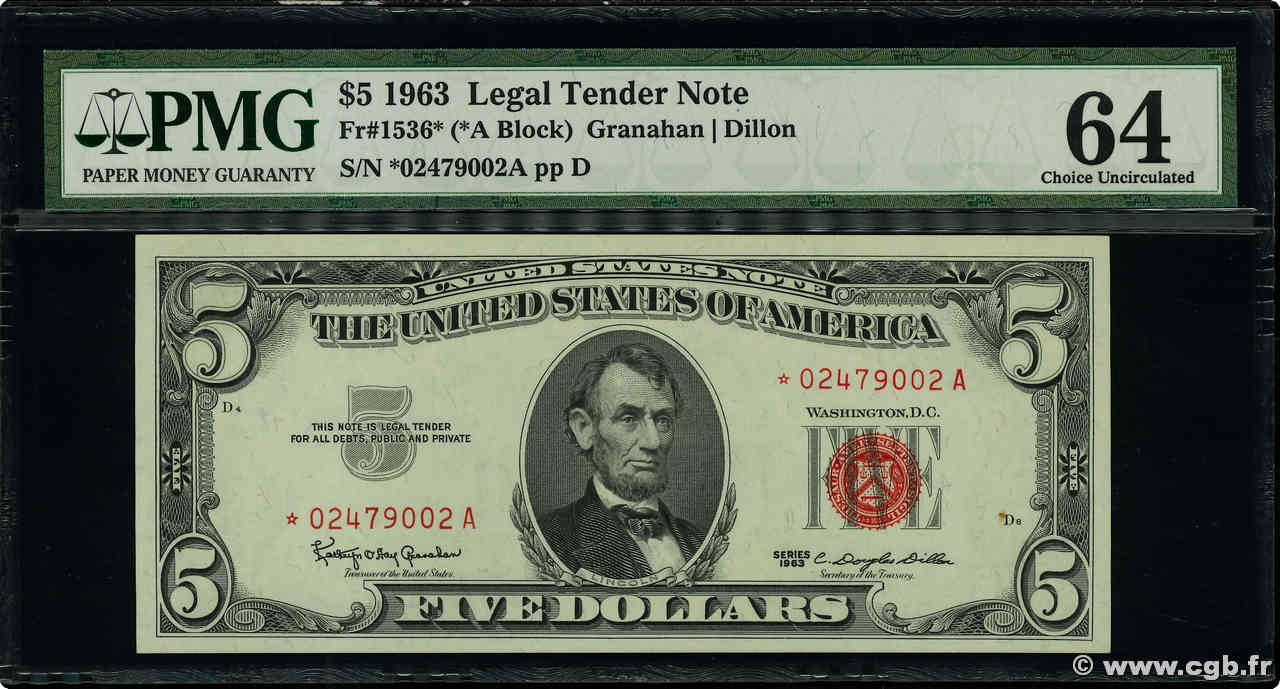 5 Dollars Remplacement STATI UNITI D AMERICA  1963 P.383* q.FDC