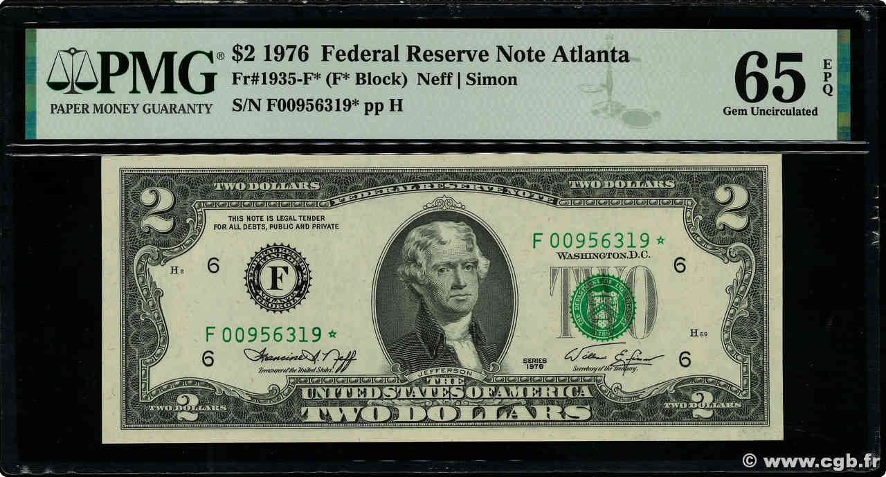 2 Dollars Remplacement VEREINIGTE STAATEN VON AMERIKA Atlanta  1976 P.461* ST