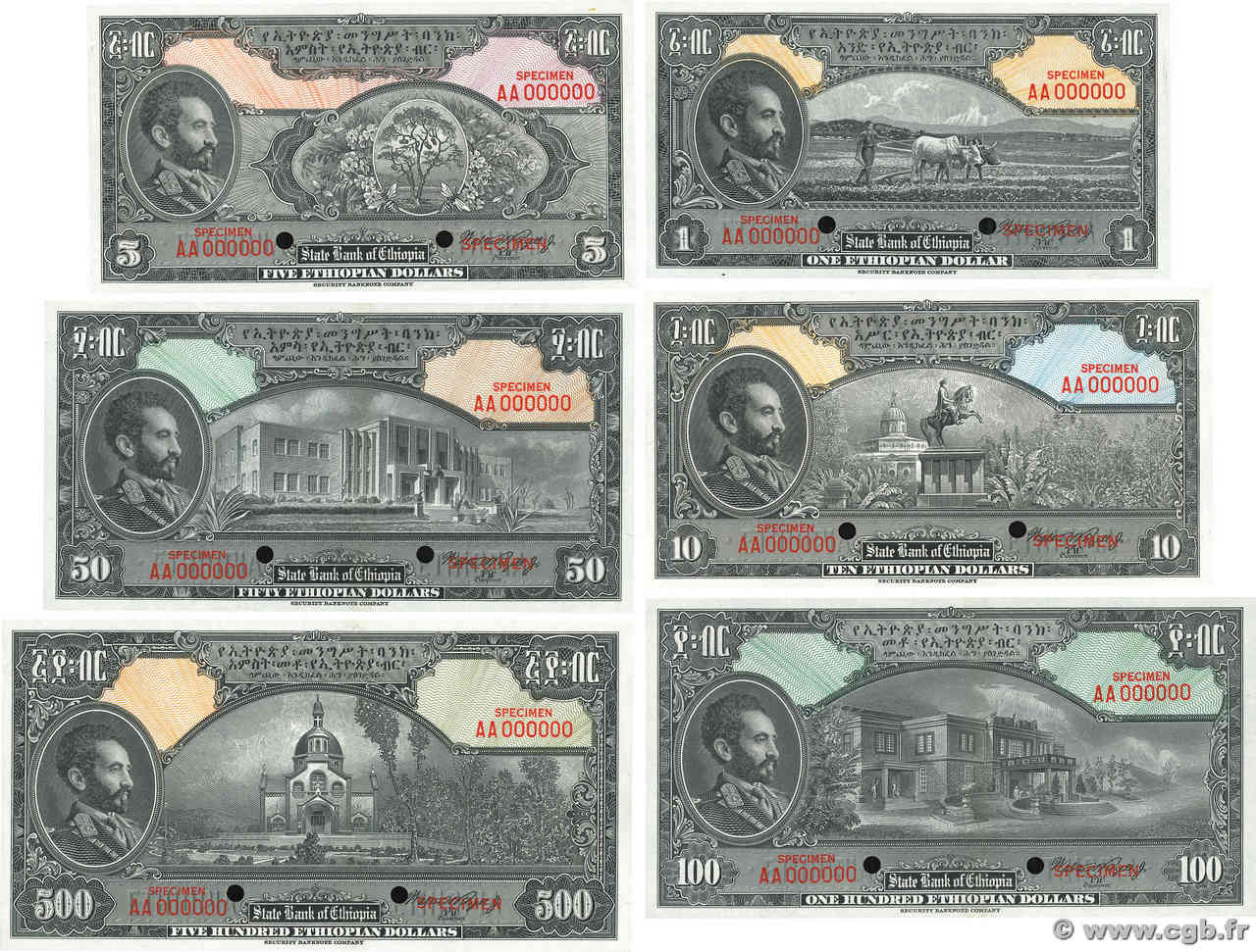 Lot de 6 billets Spécimen ETIOPIA  1945 P.12s au P.17s FDC