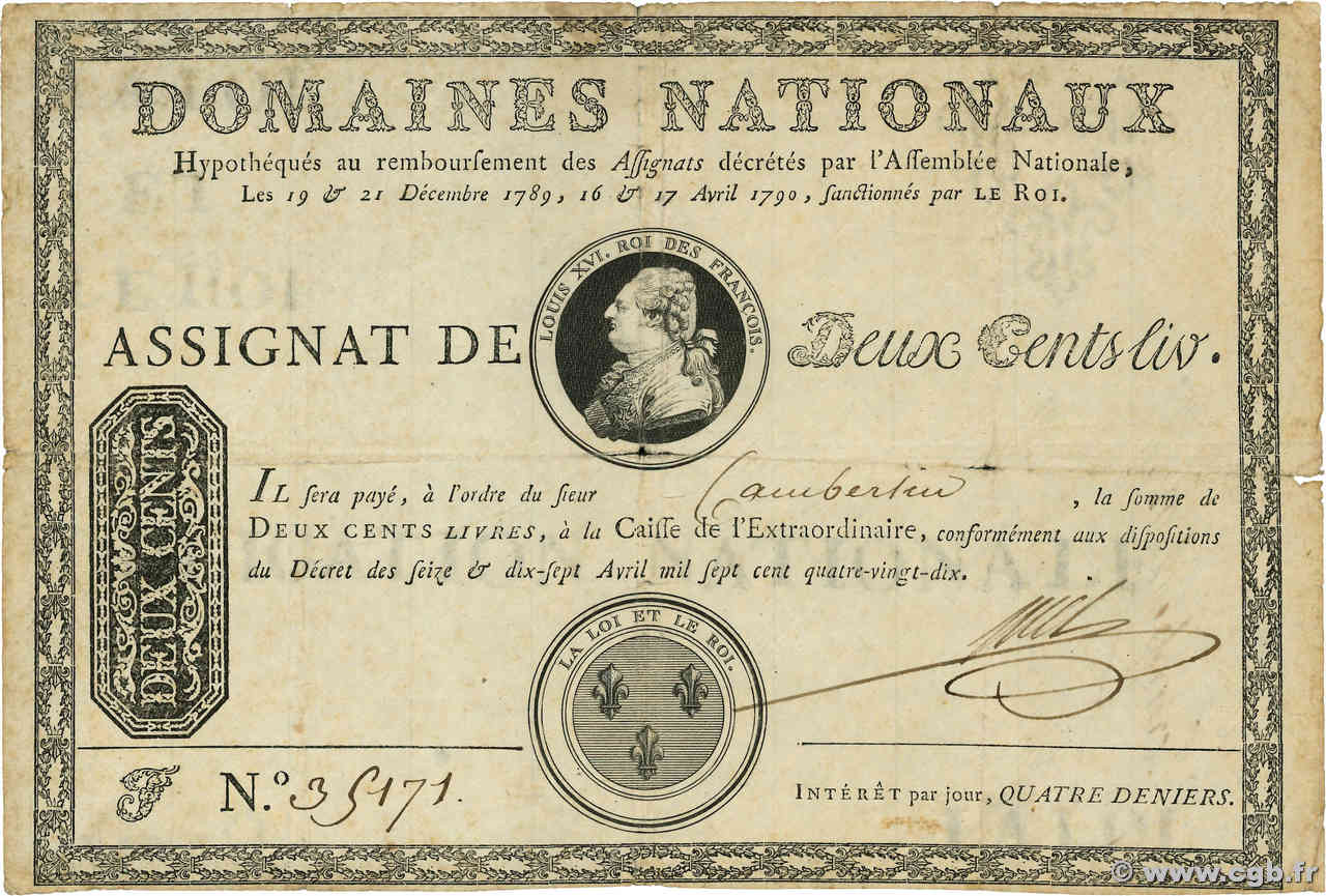 200 Livres sans coupons FRANCE  1792 Ass.01b F