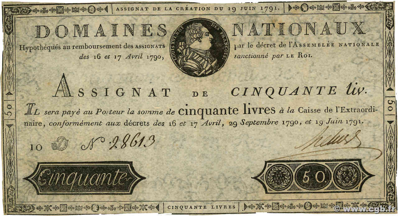 50 Livres FRANKREICH  1791 Ass.13a SS