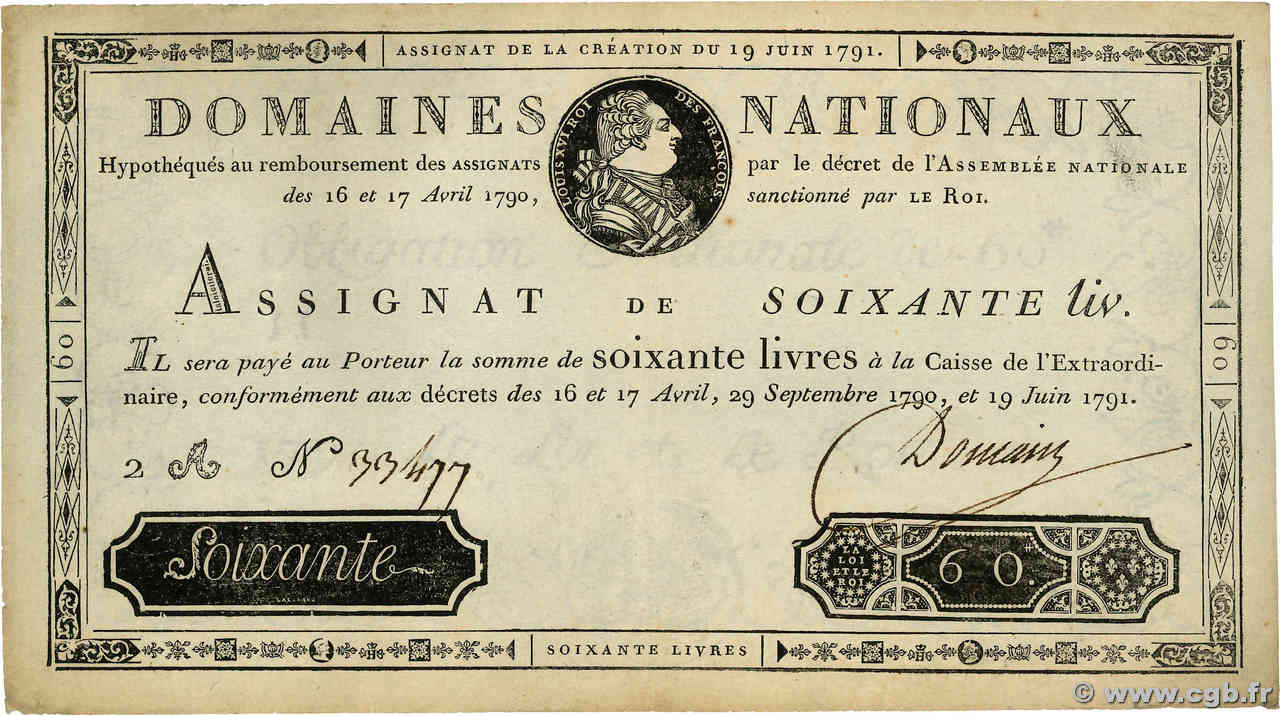 60 Livres FRANKREICH  1791 Ass.14a fVZ