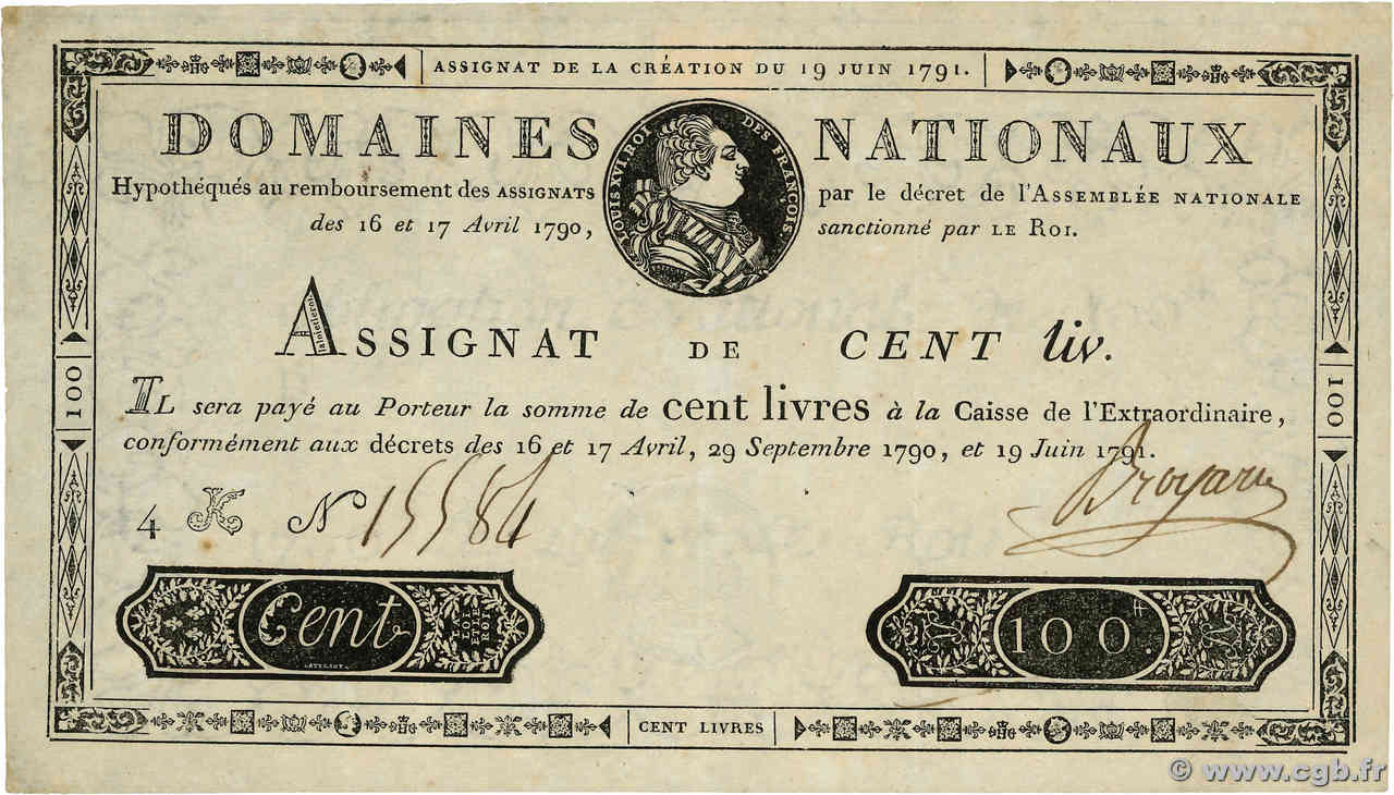 100 Livres FRANKREICH  1791 Ass.15a fVZ