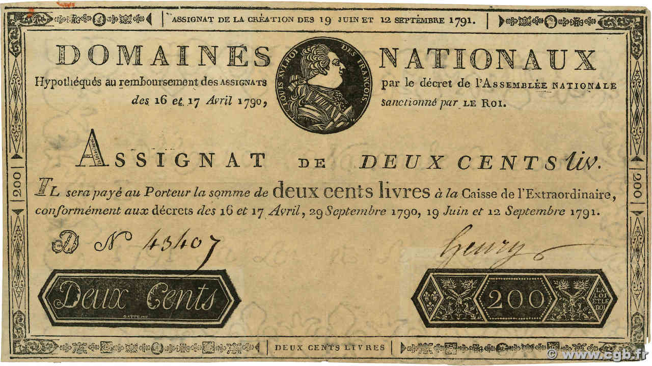 200 Livres Faux FRANCIA  1791 Ass.17a q.BB