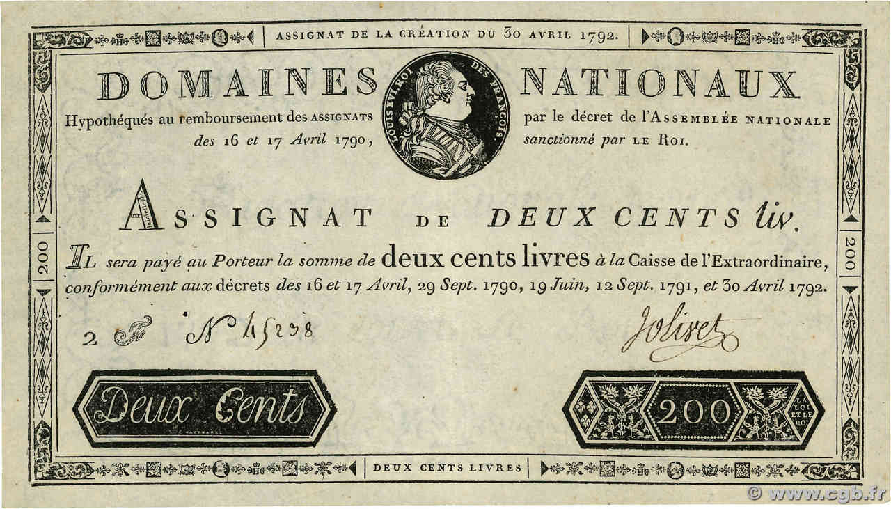 200 Livres filigrane 1792 FRANCE  1792 Ass.29b TTB+