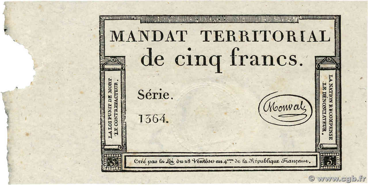 5 Francs Monval sans cachet FRANCIA  1796 Ass.63a q.FDC