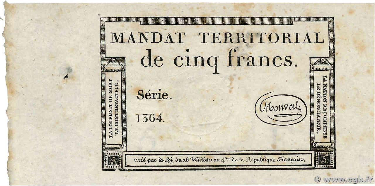 5 Francs Monval sans cachet FRANCE  1796 Ass.63a XF+