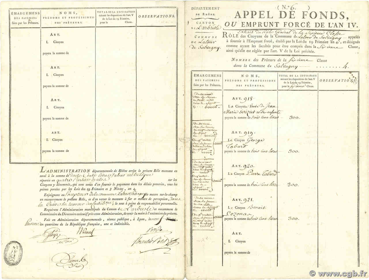 1200 Livres Planche FRANCE Latour de Salvagny 1795  AU