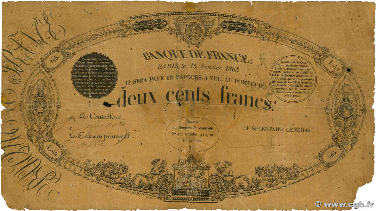 200 Francs type 1847 - Galle FRANCIA  1863 F.A28.10 q.B
