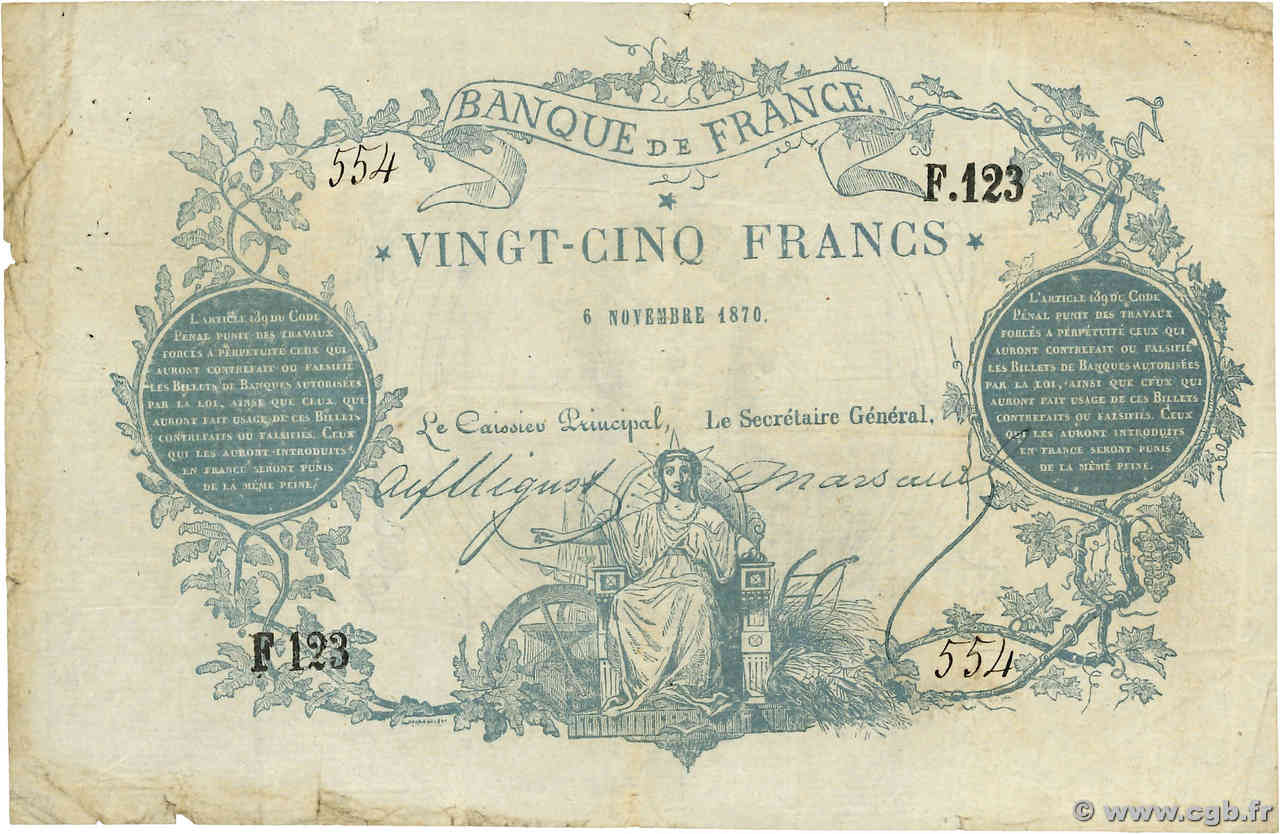 25 Francs type 1870 - Clermont-Ferrand Faux FRANCE  1870 F.A44.01 TB+