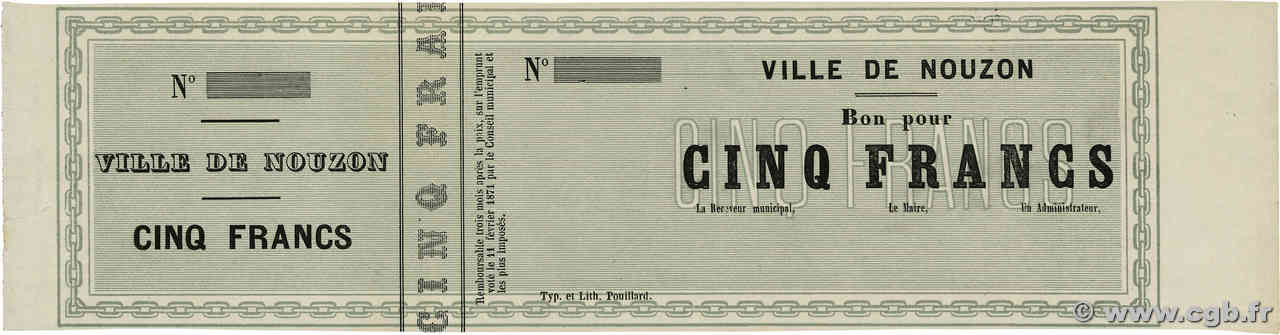 5 Francs Non émis FRANCE regionalismo e varie Nouzon 1870 JER.08.07E AU