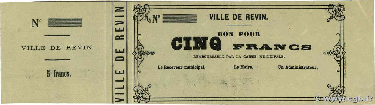 5 Francs Non émis FRANCE regionalism and miscellaneous Revin 1870 JER.08.10B AU