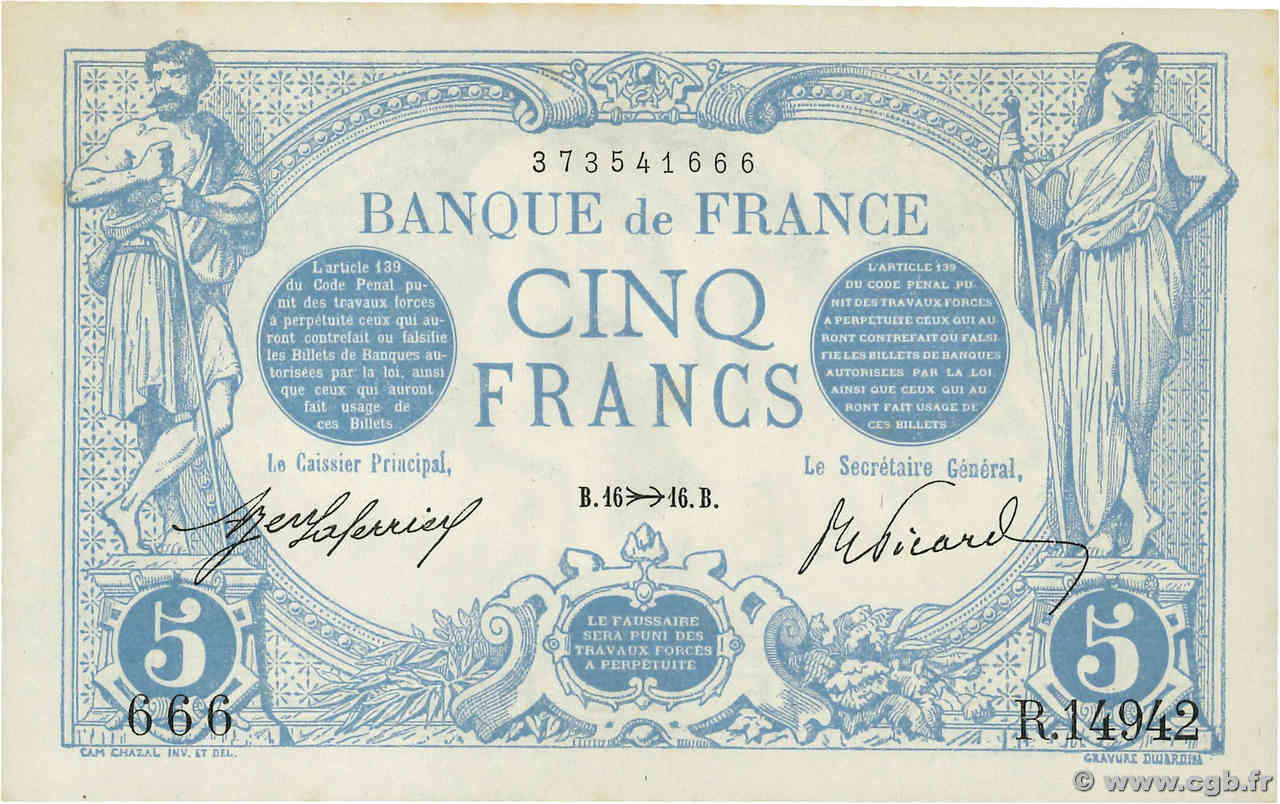 5 Francs BLEU Numéro spécial FRANCE  1916 F.02.45 pr.NEUF