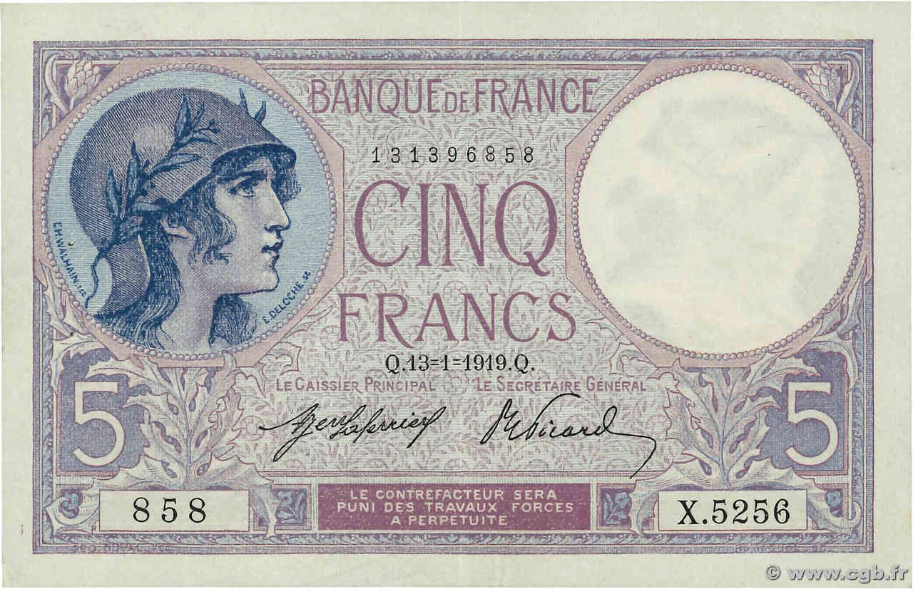 5 Francs FEMME CASQUÉE FRANCIA  1919 F.03.03 q.SPL