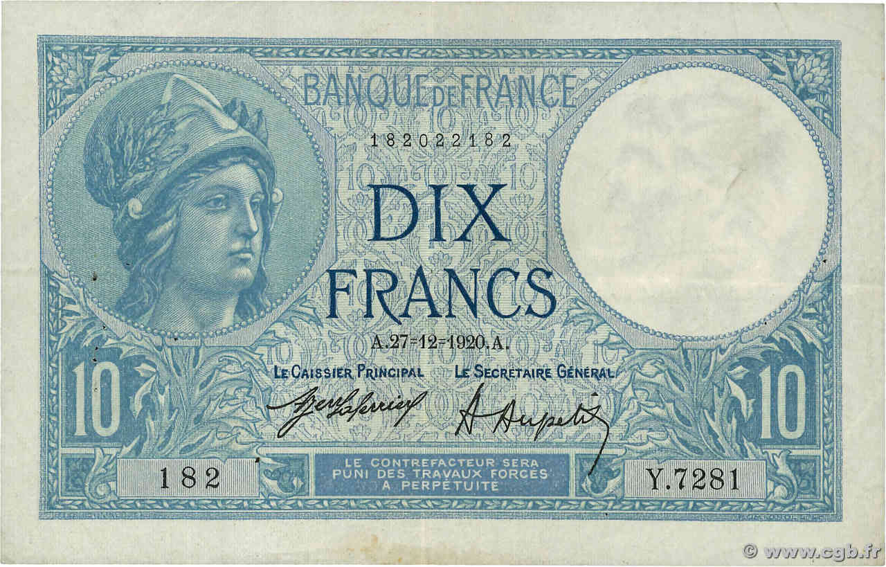10 Francs MINERVE FRANCE  1920 F.06.04 pr.TTB