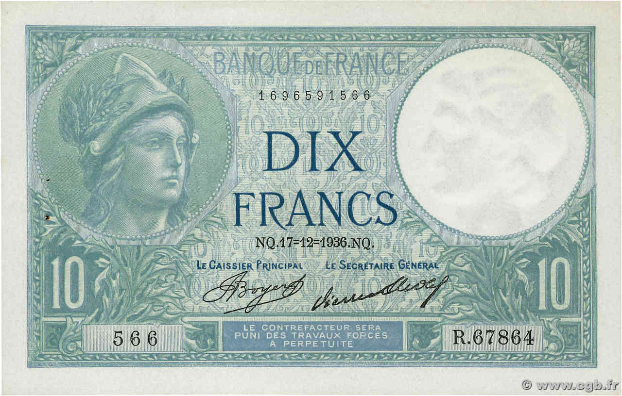 10 Francs MINERVE FRANKREICH  1936 F.06.17 fST