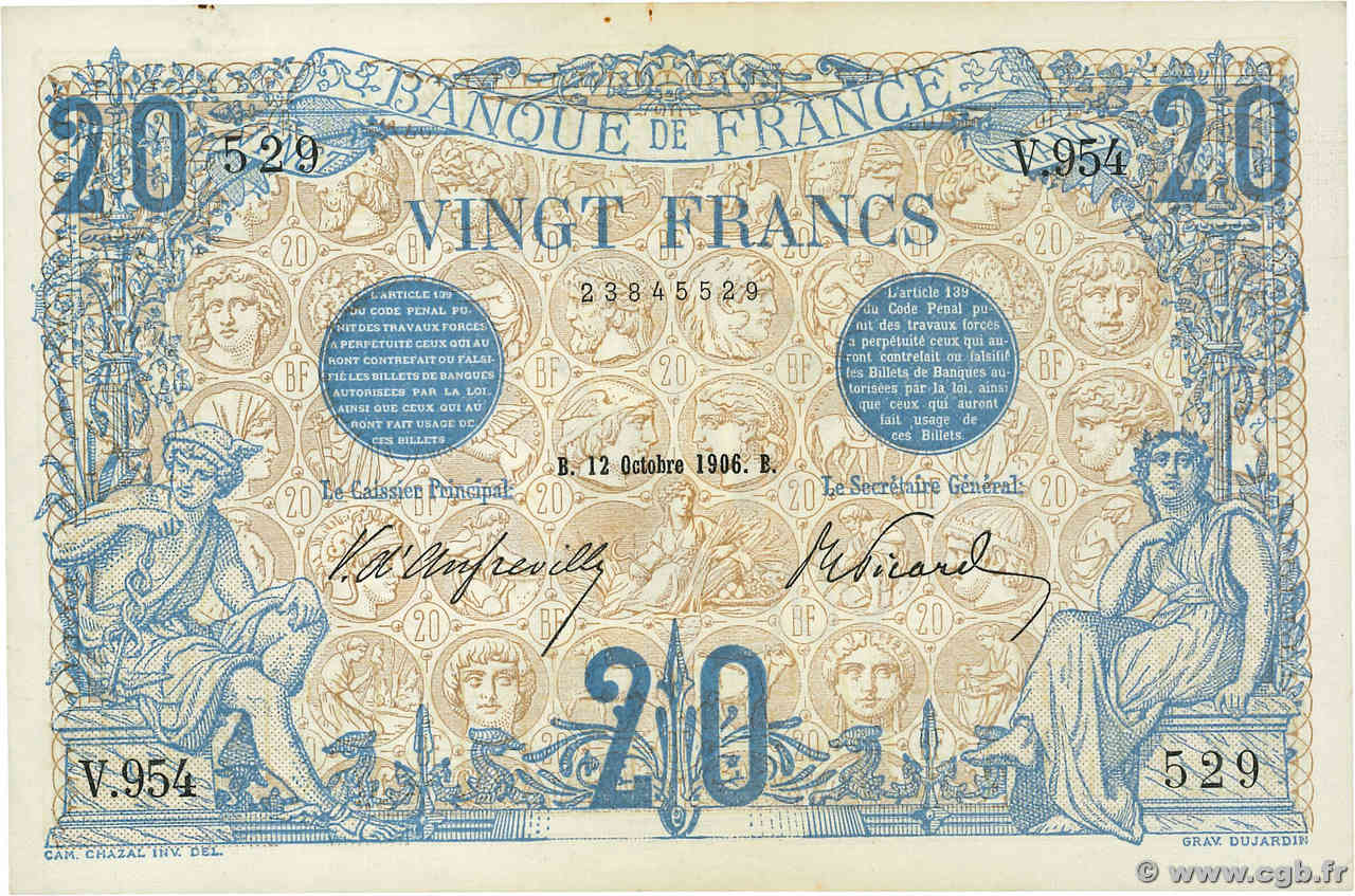 20 Francs BLEU FRANCE  1906 F.10.01 XF+