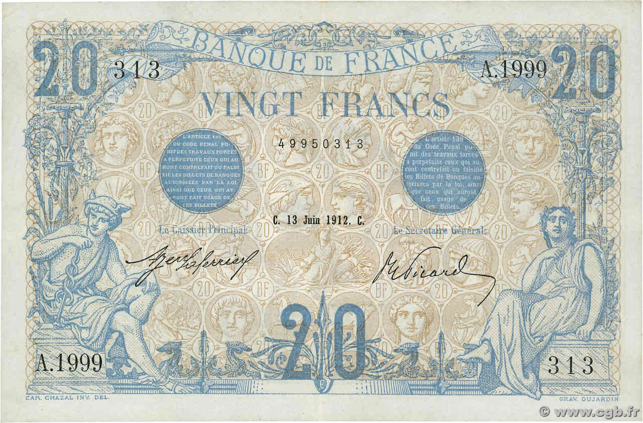 20 Francs BLEU Numéro spécial FRANCIA  1912 F.10.02 MBC+