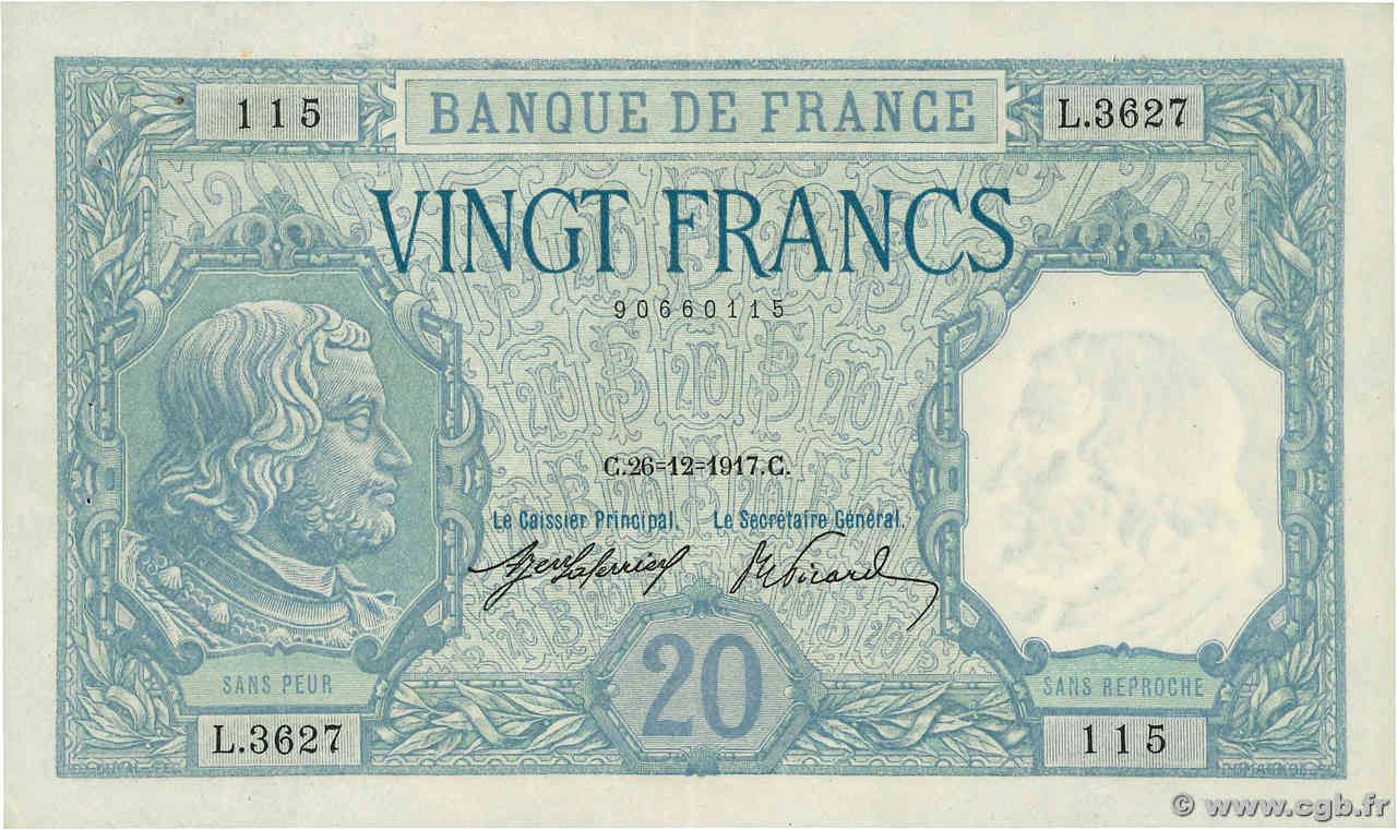 20 Francs BAYARD FRANCE  1917 F.11.02 XF