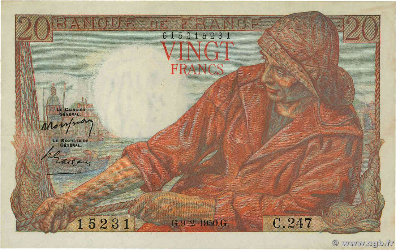 20 Francs PÊCHEUR FRANCE  1950 F.13.17a AU