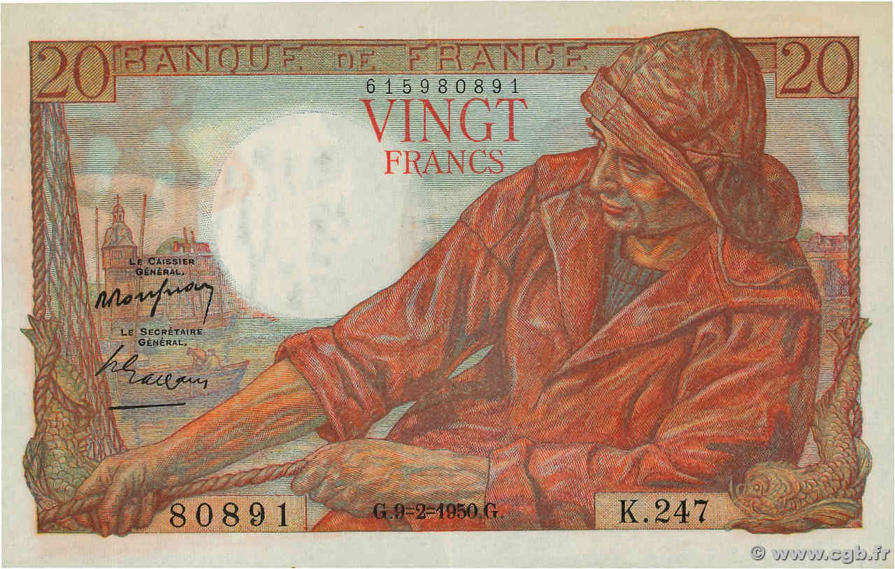 20 Francs PÊCHEUR FRANKREICH  1950 F.13.17a VZ