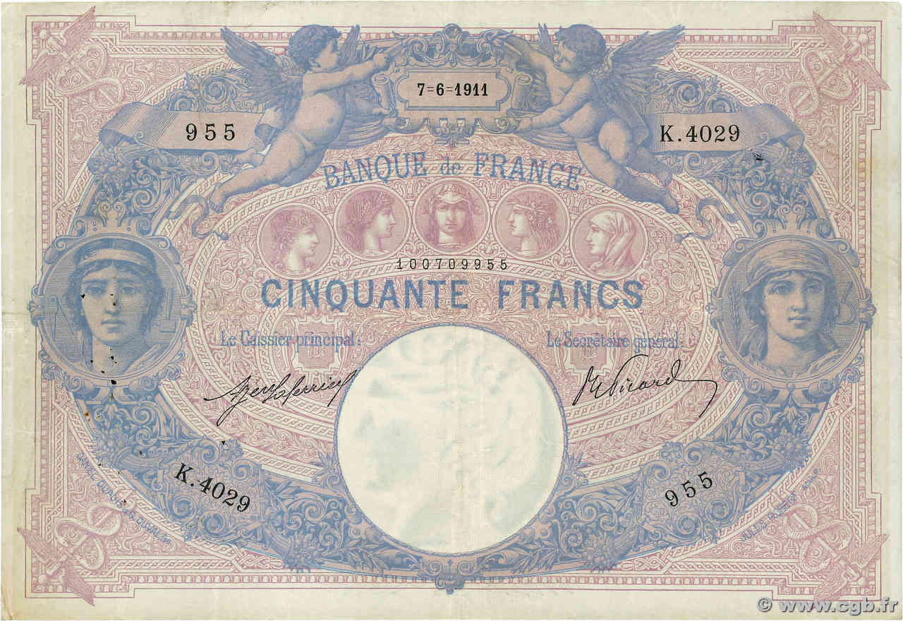 50 Francs BLEU ET ROSE FRANKREICH  1911 F.14.24a fSS