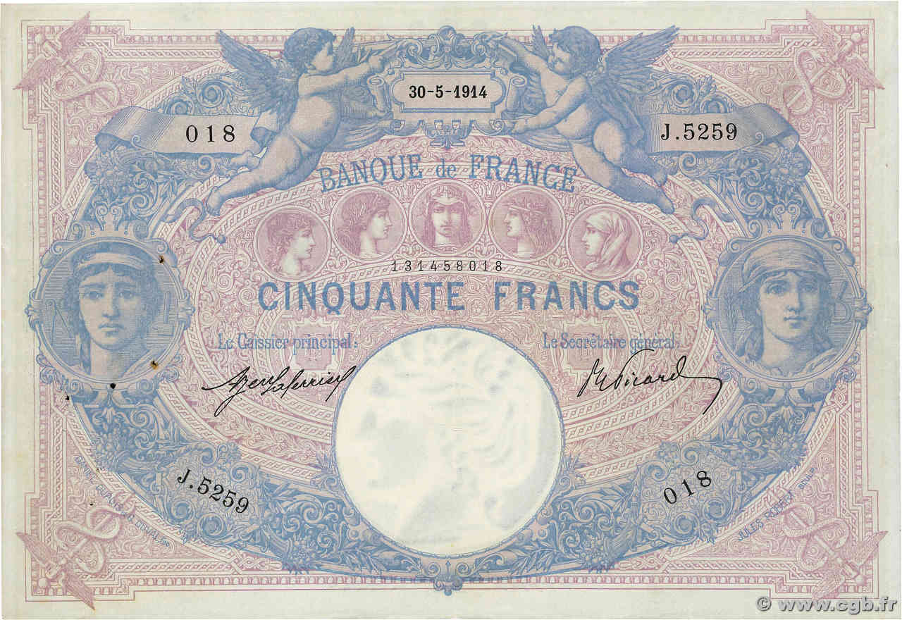 50 Francs BLEU ET ROSE FRANCE  1914 F.14.27 VF+