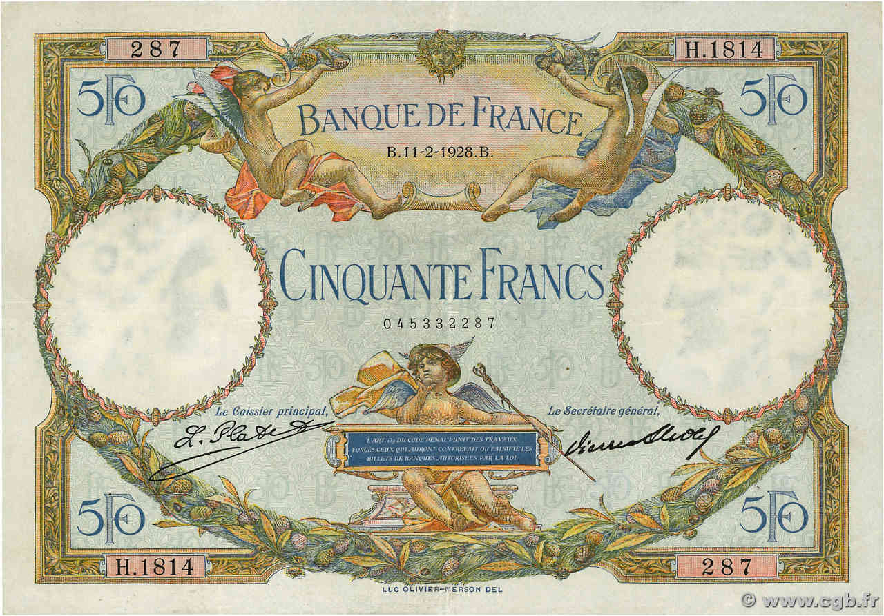 50 Francs LUC OLIVIER MERSON FRANCE  1928 F.15.02 VF+