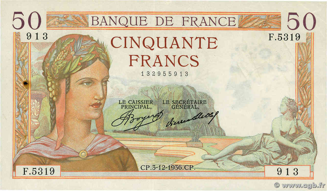 50 Francs CÉRÈS FRANKREICH  1936 F.17.32 fVZ
