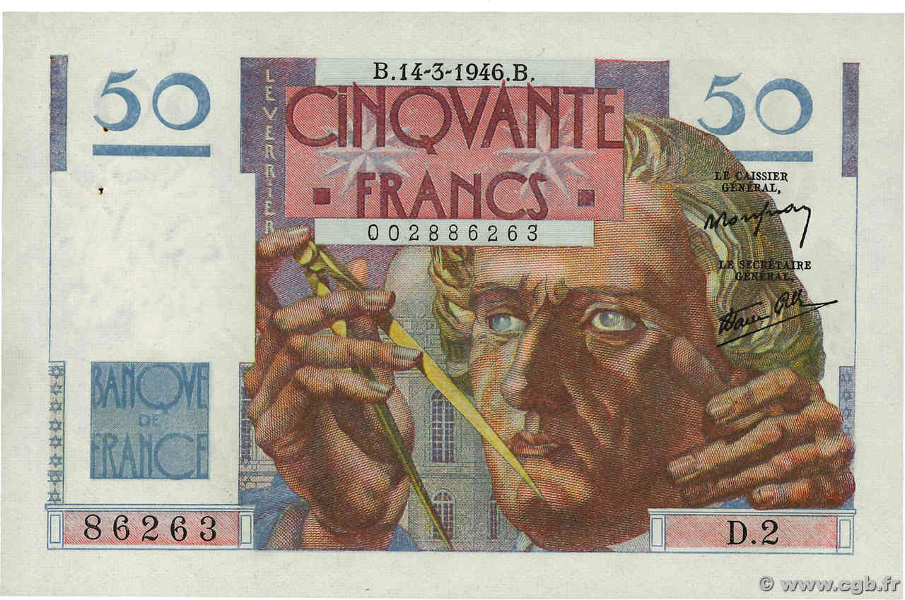 50 Francs LE VERRIER FRANCIA  1946 F.20.01 AU