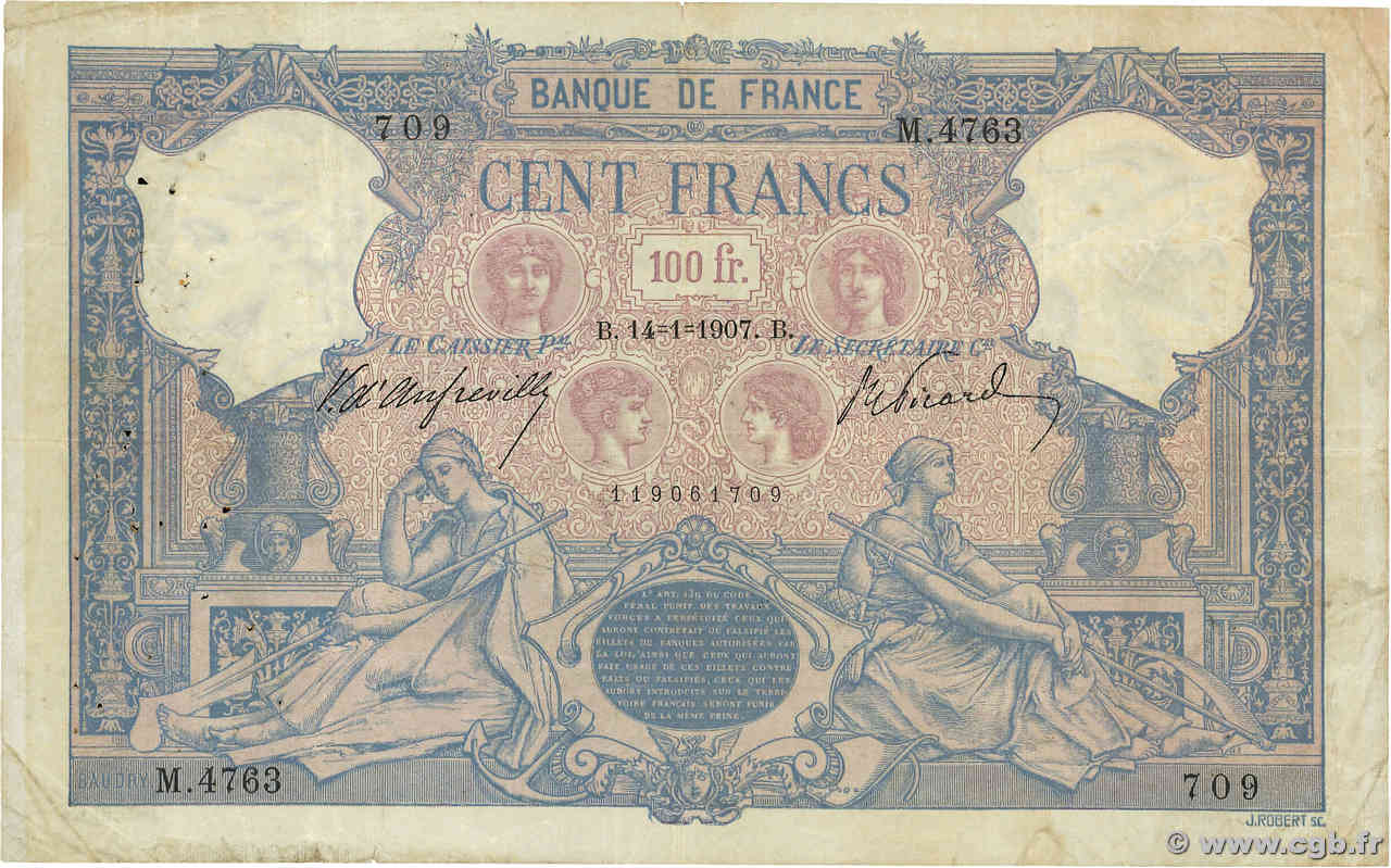 100 Francs BLEU ET ROSE FRANCIA  1907 F.21.21 MB