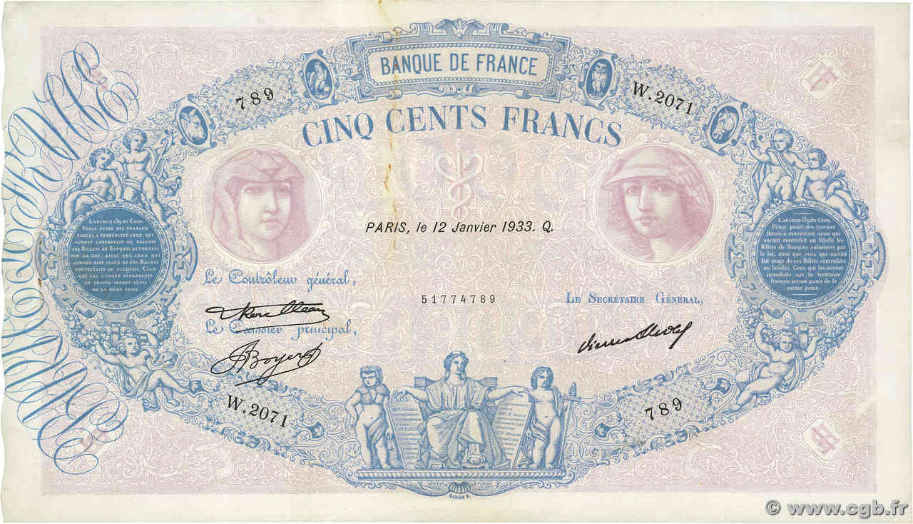 500 Francs BLEU ET ROSE FRANCE  1933 F.30.36 SUP