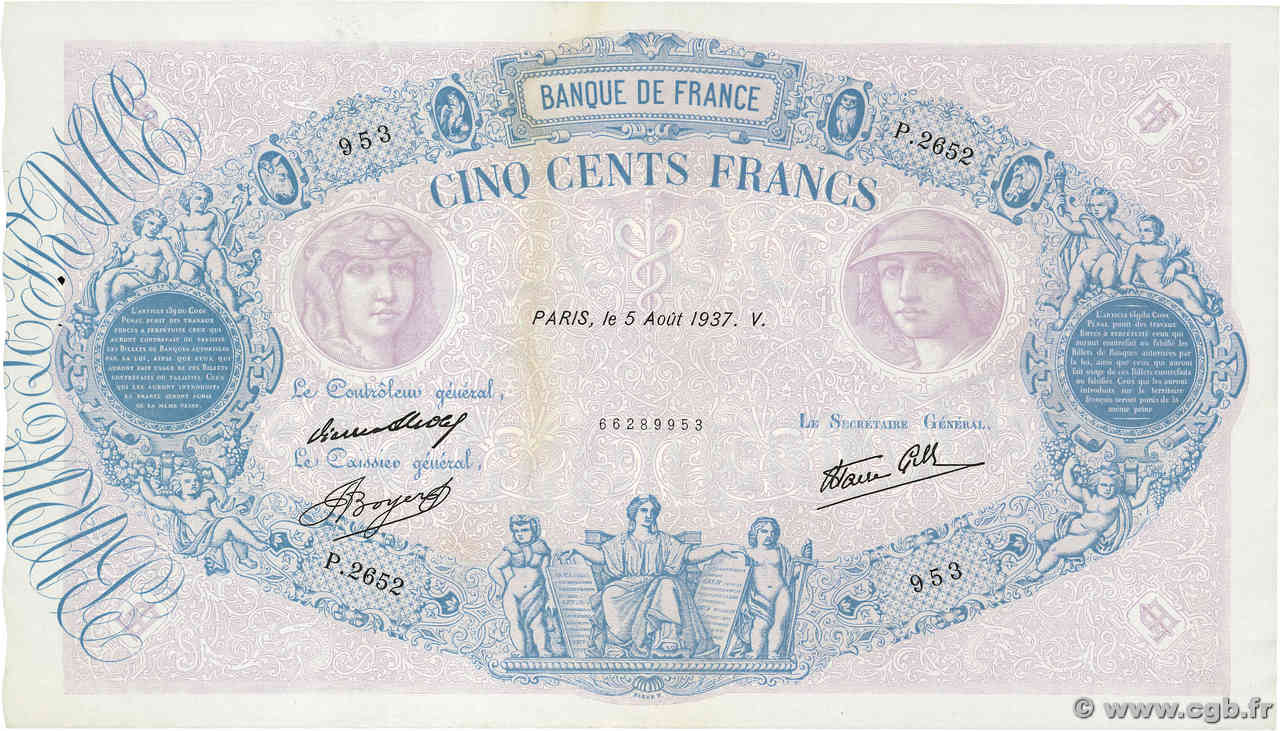 500 Francs BLEU ET ROSE modifié FRANKREICH  1937 F.31.01 fST