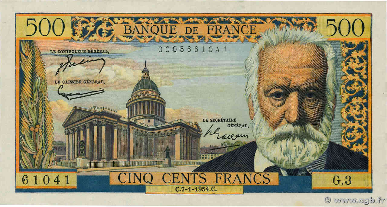 500 Francs VICTOR HUGO FRANKREICH  1954 F.35.01 fST+