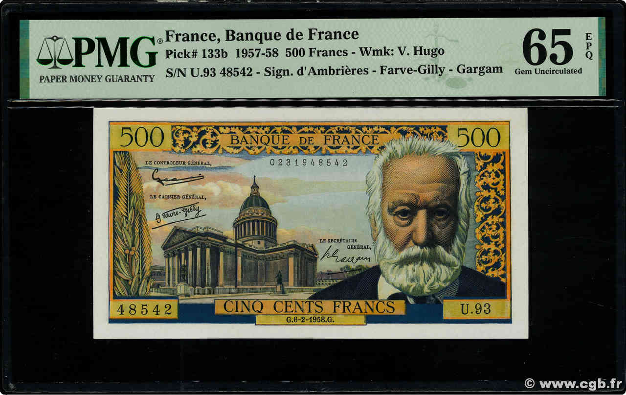 500 Francs VICTOR HUGO FRANCE  1958 F.35.08 UNC