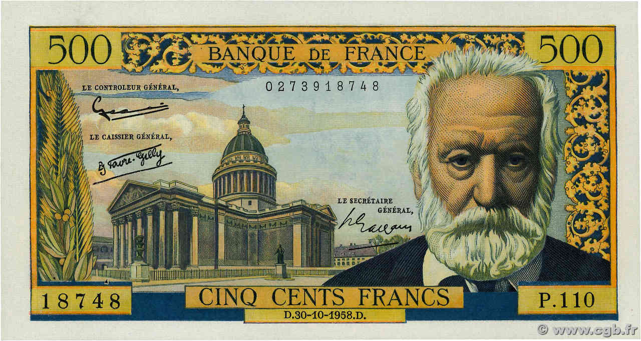 500 Francs VICTOR HUGO FRANCE  1958 F.35.11 AU-