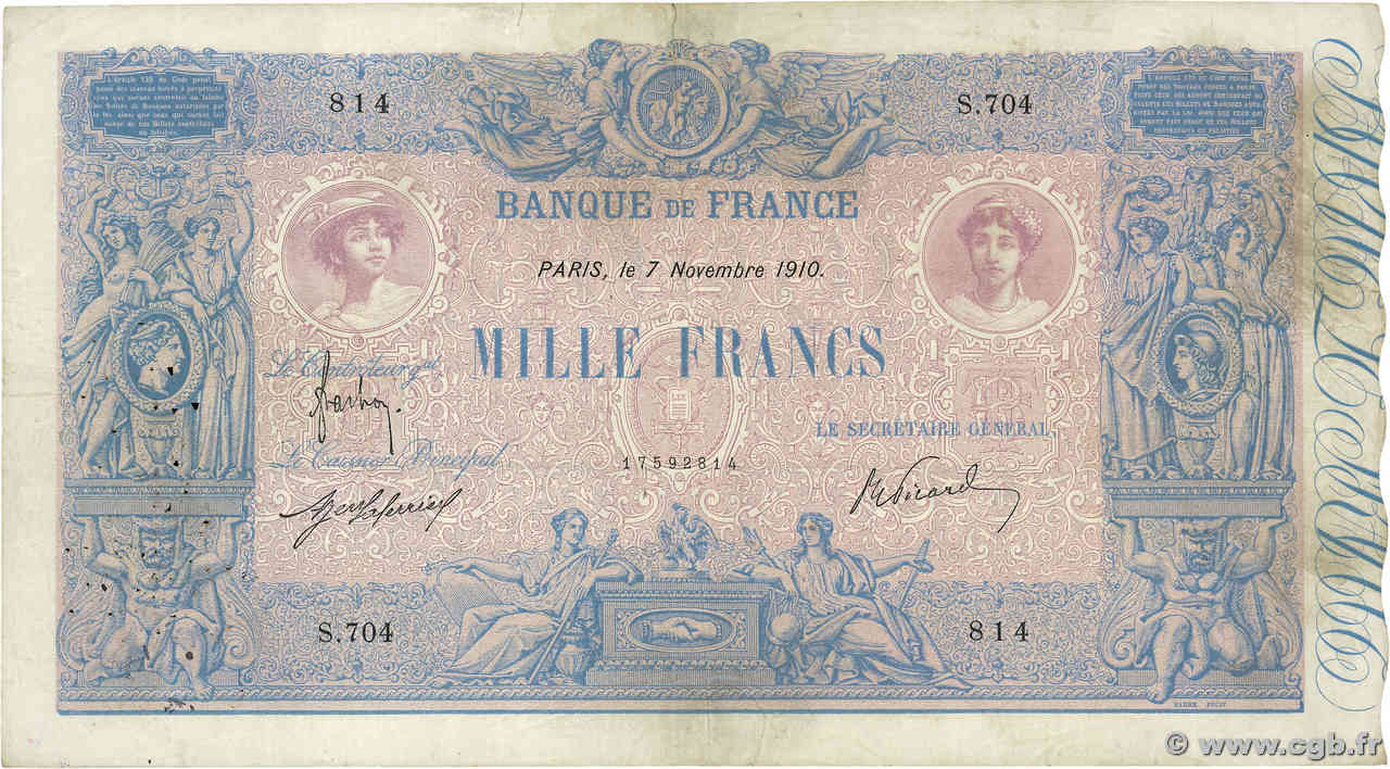 1000 Francs BLEU ET ROSE FRANCIA  1910 F.36.24 MB