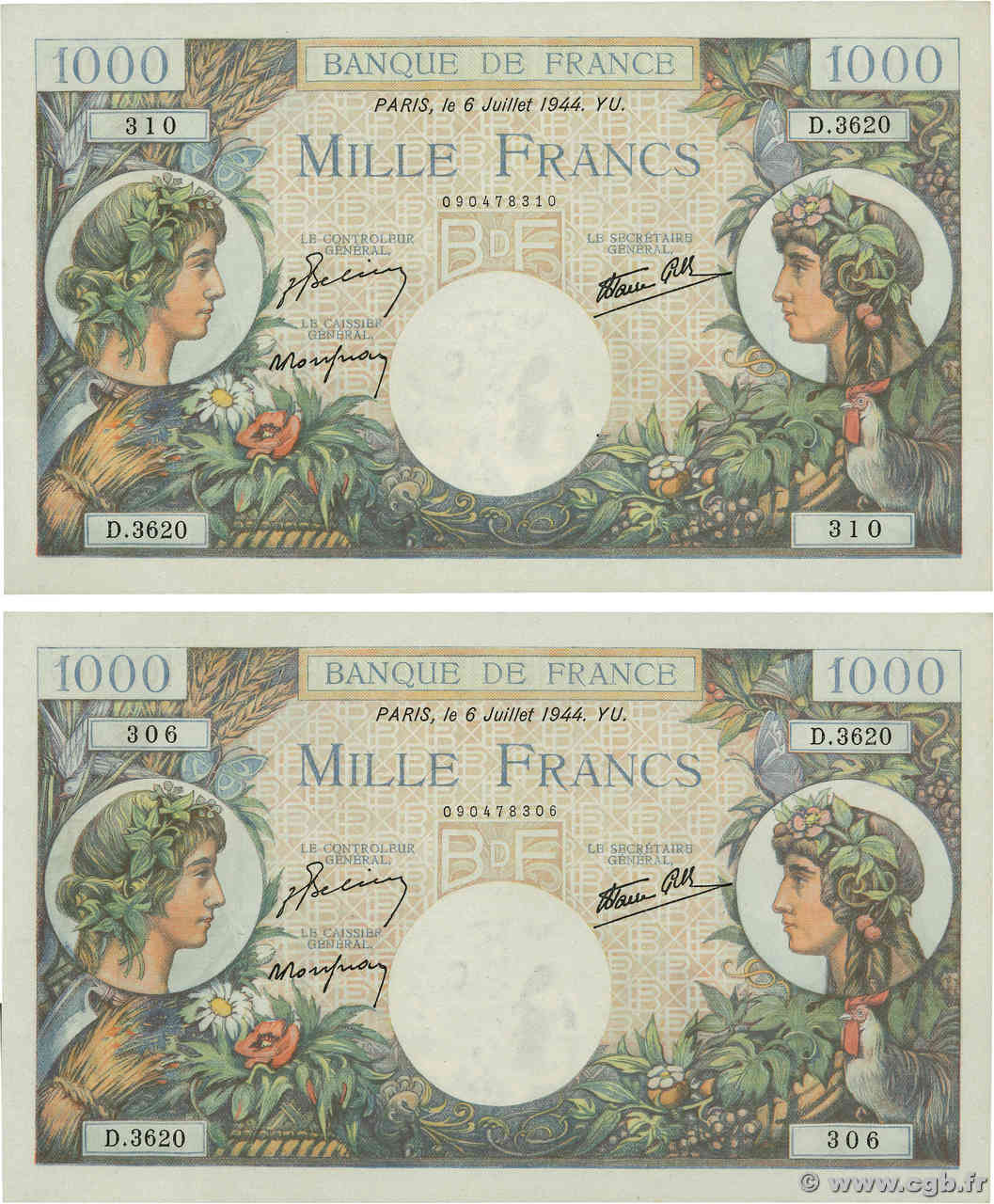 1000 Francs COMMERCE ET INDUSTRIE Lot FRANCE  1944 F.39.10 UNC-