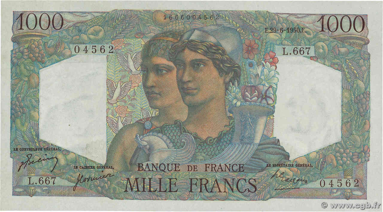 1000 Francs MINERVE ET HERCULE FRANCE  1950 F.41.33 SUP+