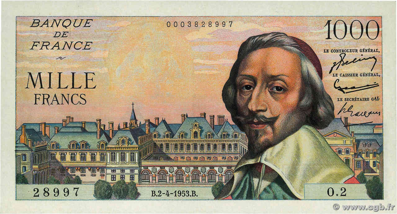 1000 Francs RICHELIEU FRANKREICH  1953 F.42.01 fST