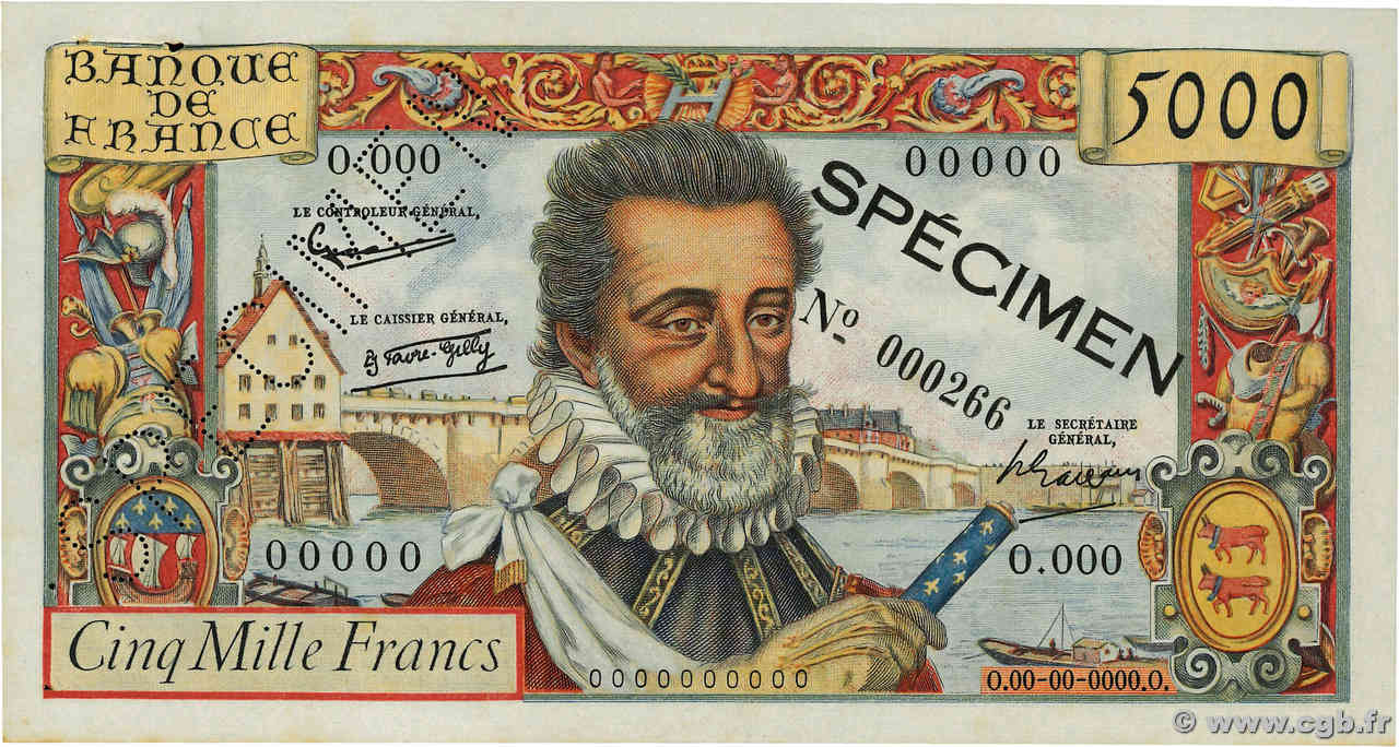 5000 Francs HENRI IV Spécimen FRANCIA  1957 F.49.01Spn EBC+