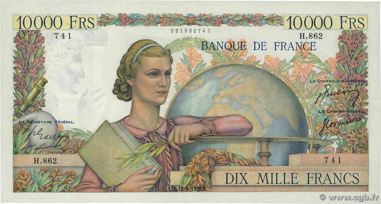 10000 Francs GÉNIE FRANÇAIS FRANCIA  1950 F.50.36 MBC+