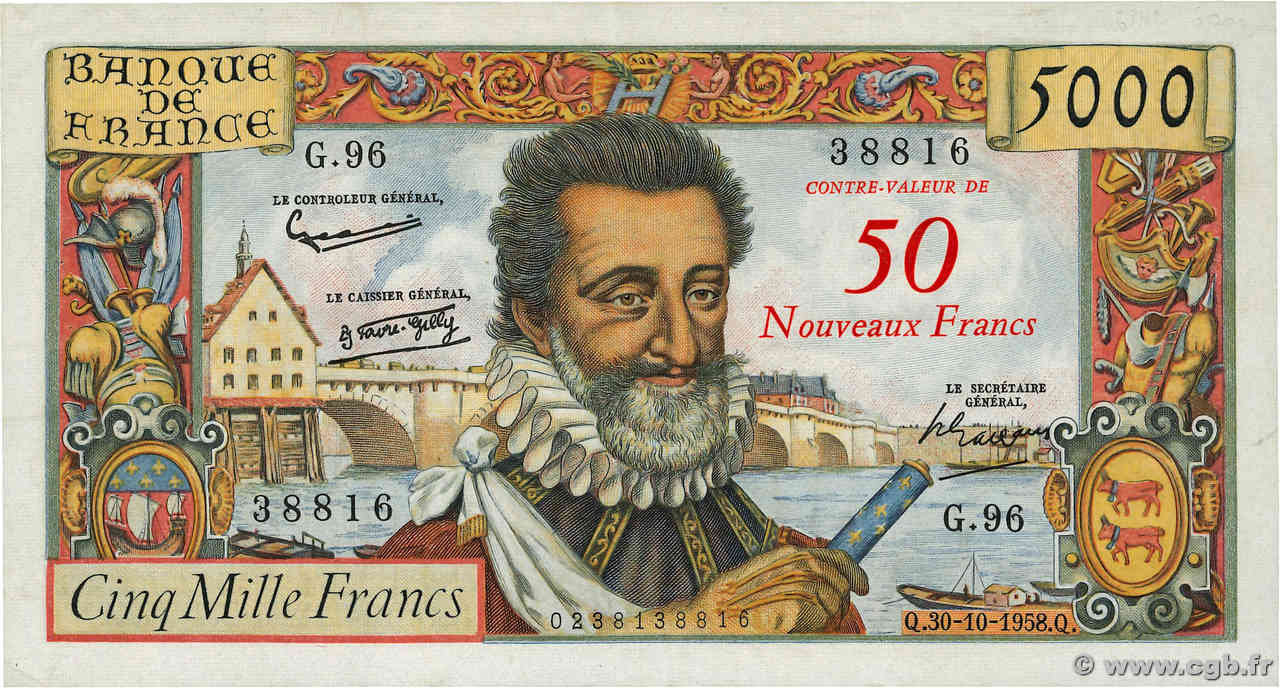 50 NF sur 5000 Francs HENRI IV FRANCIA  1958 F.54.01 q.SPL