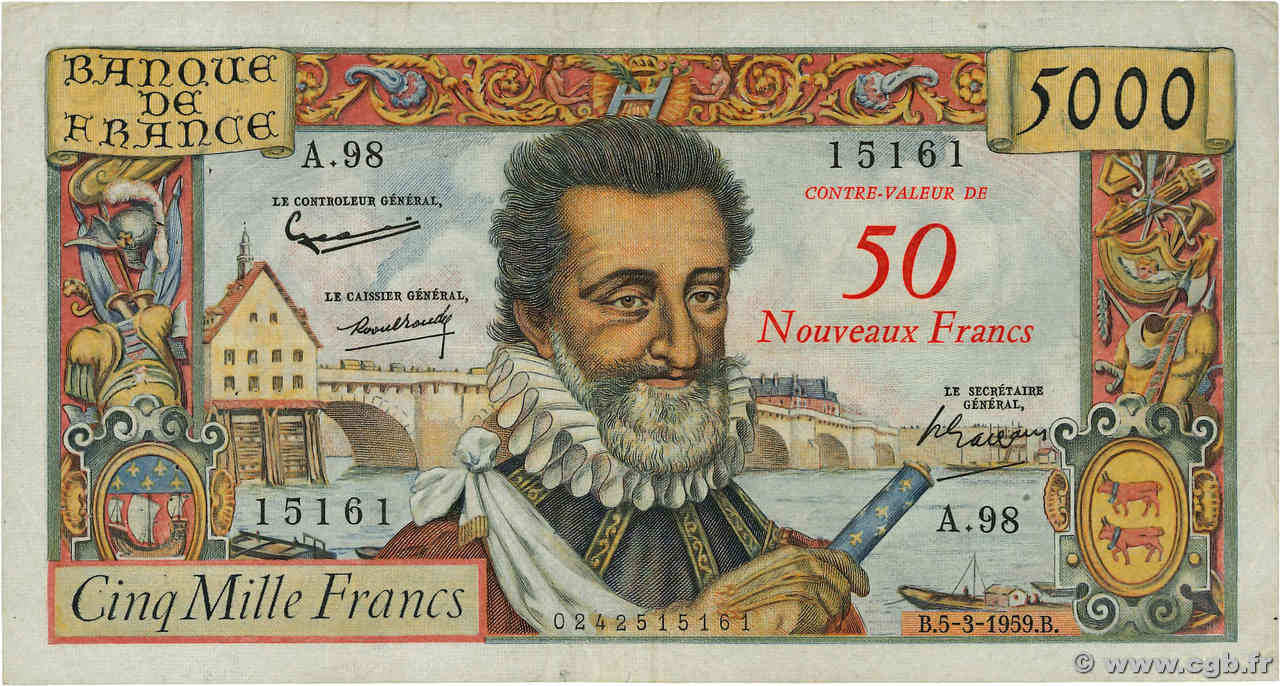 50 NF sur 5000 Francs HENRI IV FRANCE  1959 F.54.02 TB+