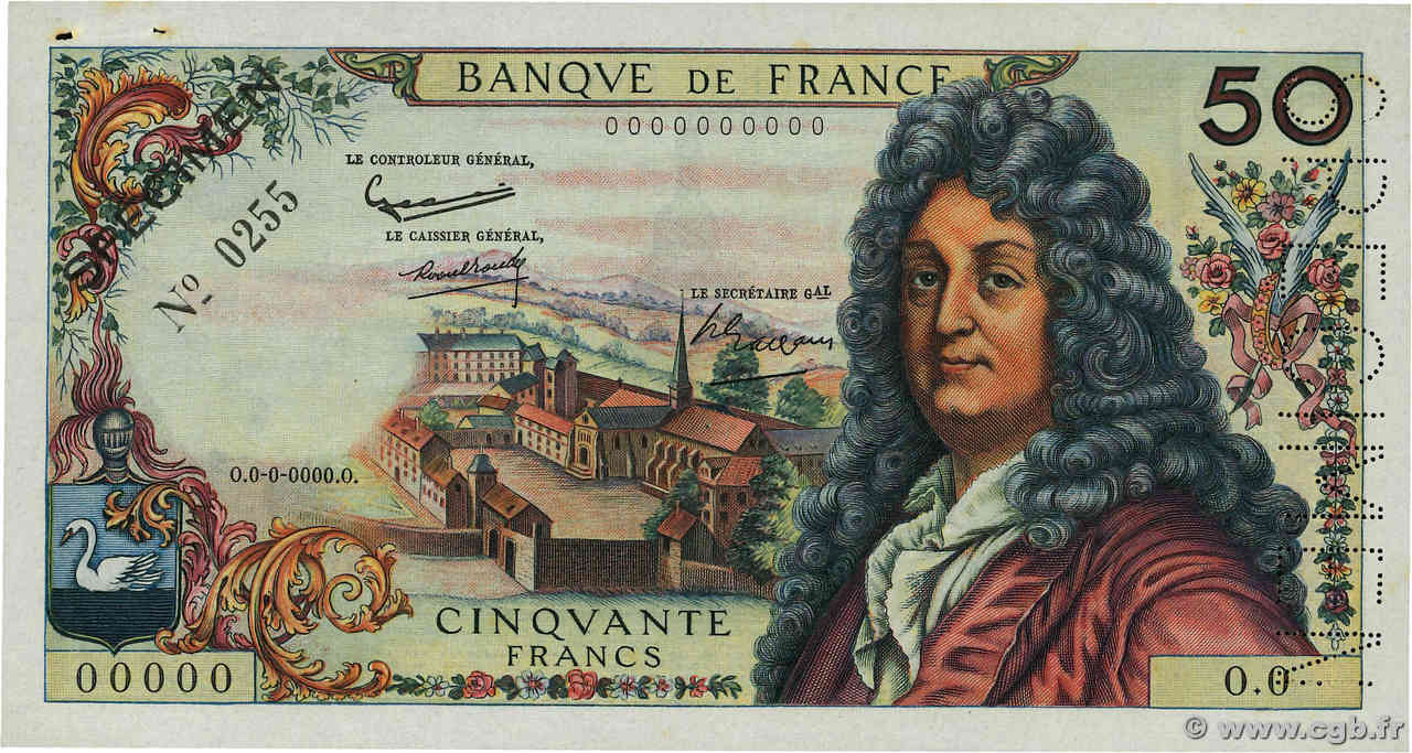 50 Francs RACINE Spécimen FRANKREICH  1962 F.64.01Spn VZ+