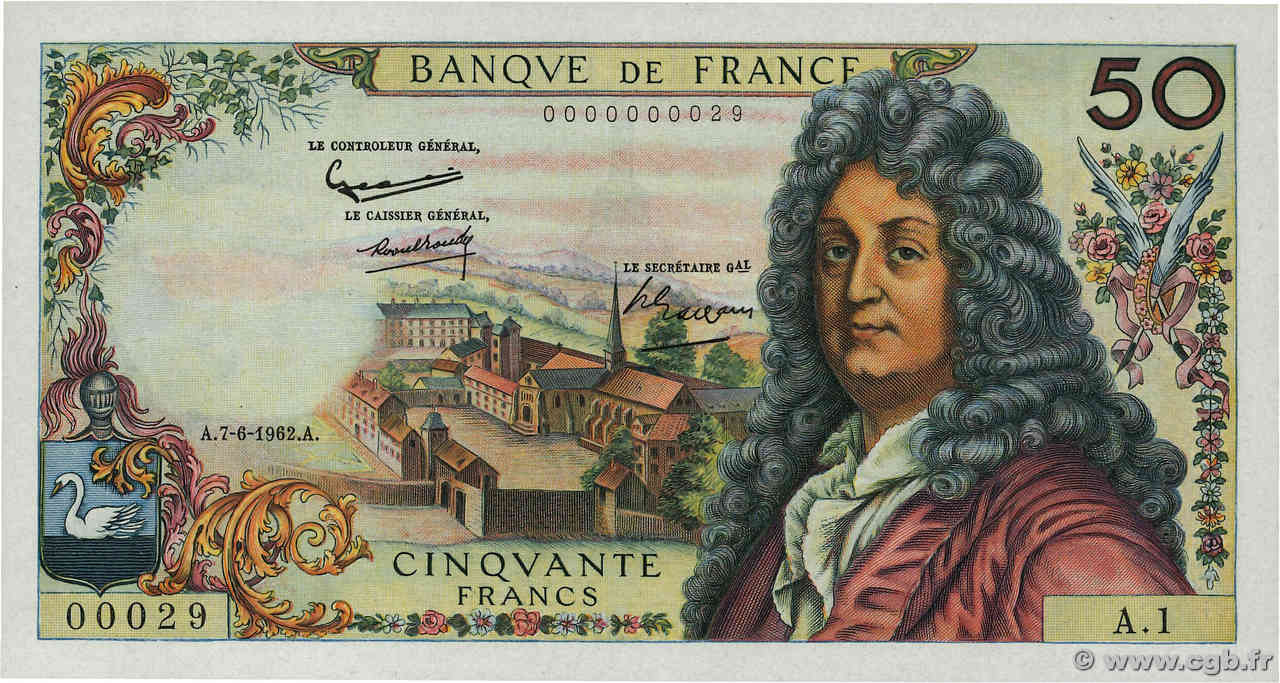 50 Francs RACINE Petit numéro FRANCIA  1962 F.64.01A1 q.FDC