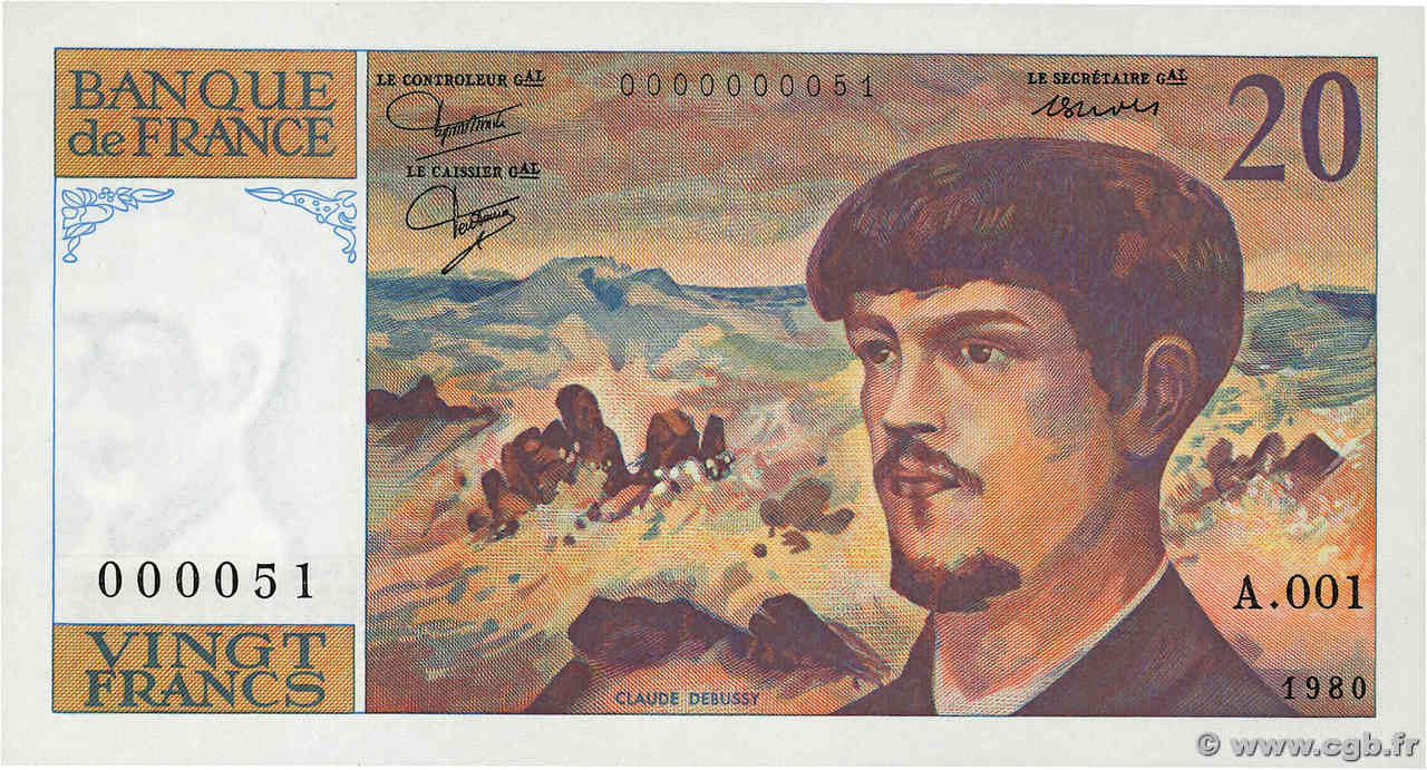 20 Francs DEBUSSY Petit numéro FRANCIA  1980 F.66.01A1 FDC